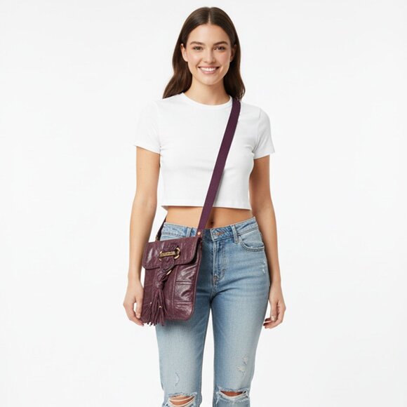 Vintage Y2K Juicy Couture Plum Purple Leather Crossbody Bag Gold Tassel - Picture 2 of 16